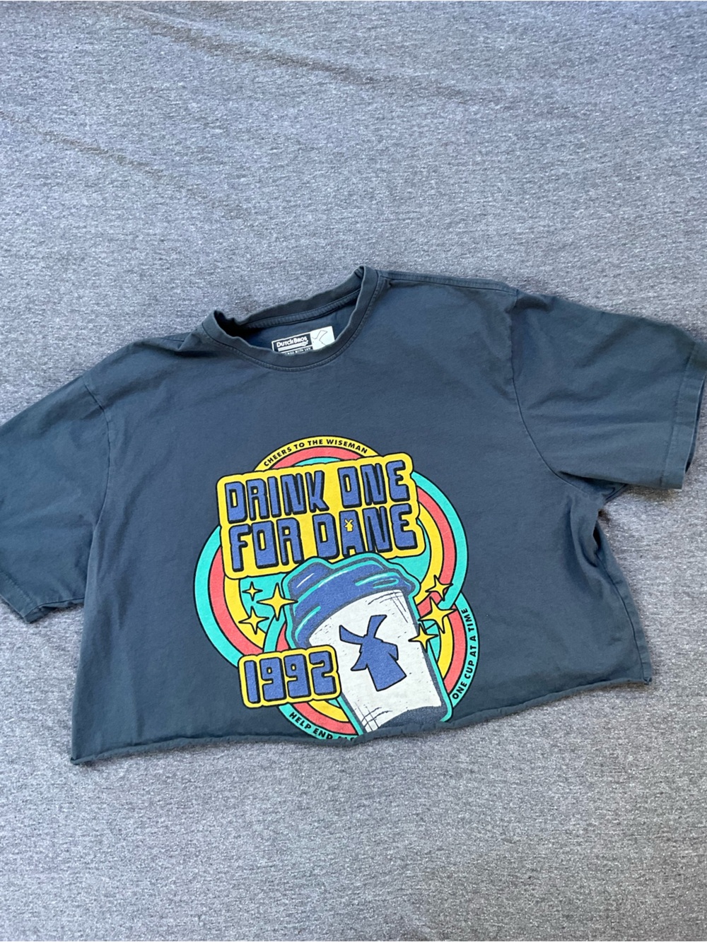 Dutch Bros Drink One For Dane 1992 Raw Crop Graphic T-Shirt Charcoal Gray XL